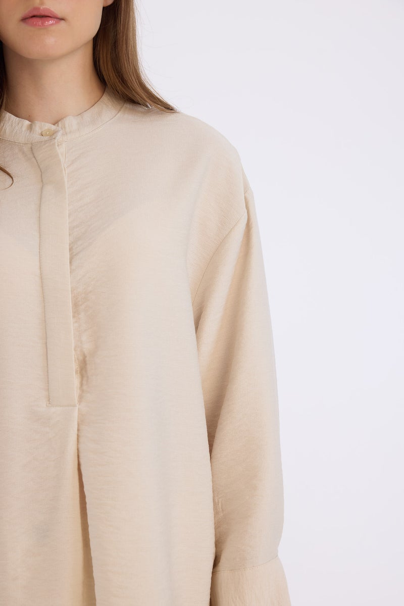 DeFacto Beige Woman Relax Fit Mandarin Collar Basic Long Sleeve Shirt Tunic Casual - Image 4